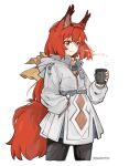  1girl animal_ears arknights bangs brown_eyes closed_mouth coat commentary_request cropped_legs cup flametail_(arknights) hand_up highres holding holding_cup looking_to_the_side mechanical_owl red_hair smile solo squirrel_ears squirrel_girl squirrel_tail tail twitter_username upper_body white_background winter_clothes 