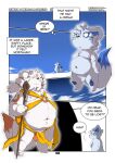  2022 anthro asian_clothing balls belly blue_body canid canine chibineco clothing comic dialogue duo east_asian_clothing english_text eyes_closed fundoshi genitals hi_res japanese_clothing kemono male mammal micropenis moobs navel nipples overweight overweight_male penis small_penis text underwear white_body young 