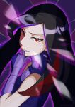  1girl absurdres arutarika_(ri_kaoekaki) black_hair gloves hand_on_own_chin highres long_hair lucy_(pokemon) multicolored_hair pokemon pokemon_(game) pokemon_emerald pokemon_rse purple_background purple_gloves purple_shirt red_eyes red_hair shirt sleeveless sleeveless_turtleneck smirk solo turtleneck two-tone_hair upper_body 