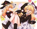  2girls :d \n/ azusa_(cookie) balloon bangs black_coat black_footwear black_gloves black_headwear black_vest blonde_hair blush boots bow braid buttons closed_mouth coat commentary cookie_(touhou) everyda74953177 fang food fruit full_body gloves hair_between_eyes hair_bow hat hat_bow hat_ornament highres holding holding_microphone kirisame_marisa long_hair looking_at_viewer looking_back mandarin_orange microphone multiple_girls one_eye_closed open_mouth orange_eyes purple_bow red_star rei_(cookie) shirt side_braid single_braid smile star_(symbol) star_hat_ornament touhou turtleneck vest white_bow white_shirt witch_hat yellow_bow yellow_eyes 