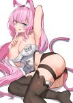  1girl absurdres animal_ears armpits ass black_shorts black_thighhighs blue_eyes breasts cat_ears cat_tail closed_mouth elysia_(honkai_impact) elysia_(miss_pink_elf) fake_animal_ears fake_tail hairband highres honkai_(series) honkai_impact_3rd large_breasts licking_lips long_hair looking_at_viewer lying navel nipples on_side pink_hair shirt shorts simple_background solo tail thigh_strap thighhighs tongue tongue_out vierzeck white_background white_shirt 