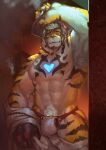  &lt;3 2018 abs animal_humanoid anthro armpit_tuft barazoku biceps body_hair bulge chest_markings clawed_fingers claws clothed clothing face_shield facial_hair felid fur green_eyes happy_trail hi_res humanoid leaning_on_wall looking_at_viewer male mammal mammal_humanoid markings mask midriff mostly_nude muscular muscular_male muscular_thighs navel neck_tuft null-ghost_(character) pantherine pecs portrait pubes raised_arm ramenbeny skimpy solo steam striped_body striped_fur stripes thong tiger topless tuft underarm underwear undressing welding_mask 