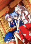  3girls :t absurdres baggy_pants bandaid bandaid_on_arm bandaid_on_face bangs blue_bow blue_dress blue_eyes blue_hair blush bow breasts cirno closed_eyes collared_shirt comforting commentary_request dress feet_out_of_frame first_aid_kit fujiwara_no_mokou hair_bow hand_in_pocket highres kamishirasawa_keine knees_together_feet_apart large_breasts long_sleeves multicolored_hair multiple_girls neck_ribbon ofuda ofuda_on_clothes pants pinafore_dress pout puffy_short_sleeves puffy_sleeves red_eyes red_pants red_ribbon ribbon shimotsuki_aoi shiny shiny_hair shirt short_hair short_sleeves shouji sidelocks sitting sliding_doors smile suspenders sweatdrop tearing_up touhou two-tone_hair white_shirt wing_collar 