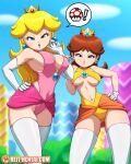  2girls :o armpits artist_logo ass_visible_through_thighs blonde_hair blue_eyes blurry blurry_background breasts brooch brown_hair bush cameltoe cleavage cloud commentary covered_navel crotch crown earrings elbow_gloves flower_earrings from_below gloves half-closed_eyes highleg highleg_leotard highres hill jewelry large_breasts leotard lips long_hair mario_(series) midriff multiple_girls narrowed_eyes navel nintendo open_mouth paid_reward_available parted_lips pink_leotard pink_lips princess_daisy princess_peach reit sky speech_bubble thighhighs thighs touching_ears underboob web_address white_thighhighs zettai_ryouiki 