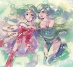  2girls aged_up blue_eyes breasts cape cleavage closed_mouth detached_sleeves dress earrings final_fantasy final_fantasy_iv final_fantasy_vi green_eyes green_hair hair_ornament highres jewelry long_hair looking_at_viewer multiple_girls odendazo open_mouth pantyhose ponytail rydia_(ff4) smile thighhighs tina_branford 