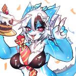  &lt;3_pupils 1:1 ahwu_sensei birthday_cake blue_body blue_fur bra cake clothing dessert dragon female food fur gesture hair hi_res horn inner_ear_fluff solo tuft underwear v_sign white_hair wolflong_(character) 