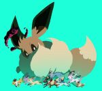  bow eevee espeon evolutionary_line fins flareon forehead_jewel gigantamax gigantamax_eevee glaceon head_fins highres jolteon kasai_(pixiv24704749) leafeon looking_at_viewer no_humans open_mouth pokemon pokemon_(creature) running simple_background sylveon tail tail_fin umbreon vaporeon 