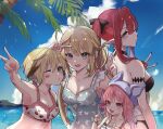  4girls :3 ahoge alternate_costume alternate_hairstyle animal_ear_headwear animal_print armpits artoria_caster_(fate) artoria_pendragon_(fate) bangs bikini black_bikini black_bow blonde_hair blue_headwear blue_one-piece_swimsuit blue_scrunchie blue_sky blush blush_stickers bow braid braided_ponytail breasts brown_hair butterfly_print closed_mouth cloud collarbone commentary_request day double_v fairy_knight_tristan_(fate) fate/grand_order fate_(series) fingernails food_print frilled_swimsuit frills gareth_(fate) gareth_(swimsuit_saber)_(second_ascension)_(fate) green_eyes grey_eyes habetrot_(fate) hair_between_eyes hair_bow hair_intakes hair_ornament hair_scrunchie hat highres long_hair looking_at_viewer medium_breasts multicolored_hair multiple_girls nigiri ocean one-piece_swimsuit one_eye_closed open_mouth outdoors palm_tree pink_eyes pink_hair pointy_ears ponytail print_bikini purple_hair scrunchie short_hair size_difference sky small_breasts smile strawberry_print streaked_hair striped striped_one-piece_swimsuit swimsuit tree twintails two-tone_hair v very_long_hair water white_bikini white_bow 