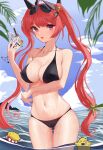  1girl :o absurdres ass_visible_through_thighs azur_lane bangs bare_arms bare_shoulders bikini black_bikini blurry blurry_foreground breasts cherry cleavage cloud collarbone commentary_request constricted_pupils covered_nipples food fruit gumifans hair_ornament hand_up highres holding honolulu_(azur_lane) honolulu_(summer_accident?!)_(azur_lane) ice_cream innertube island kiwi_(fruit) large_breasts looking_at_viewer manjuu_(azur_lane) mountain navel ocean official_alternate_costume open_mouth orange_(fruit) orange_slice outdoors parfait red_eyes red_hair sky solo star_(symbol) sunglasses swimsuit thigh_gap twintails wading water wet whipped_cream 