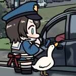  1girl aqua_eyes bird blue_sleeves brown_hair bush car chibi commentary_request duck full_body grass ground_vehicle hat hololive jazz_jack long_sleeves looking_at_viewer lowres mask motor_vehicle mouth_mask oozora_subaru outdoors police_hat short_hair skirt solid_circle_eyes solo standing subaru_duck traffic virtual_youtuber 