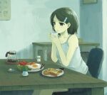  1girl black_eyes black_hair calendar_(object) chair coffee commentary cup egg egg_(food) feet_out_of_frame food fried_egg hair_ornament hairclip holding holding_cup indoors kensight328 original plate revision sausage shadow short_hair sitting smile solo table toast 