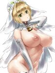  1girl bangs blush breasts bridal_veil chain chain_necklace fate/extra fate/extra_ccc fate_(series) gloves green_eyes hayama_kazusa highres jewelry large_breasts lock looking_at_viewer necklace nero_claudius_(bride)_(fate) nero_claudius_(fate) nero_claudius_(fate/extra) nipples nude open_mouth padlock padlocked_collar simple_background solo thighhighs veil white_background 