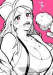  1girl ^^^ absurdres blush breasts cleavage commentary drooling eating eyelid_piercing food food_on_face hat highres holding holding_food jacket jewelry_bonney large_breasts lips lipstick long_hair looking_at_viewer makeup meat monochrome mouth_drool off_shoulder one_piece open_clothes open_jacket open_mouth piercing pink_background pink_eyes saliva simple_background solo spot_color surprised suspenders sweatdrop tank_top teeth upper_body upper_teeth v-shaped_eyebrows yotsumi_shiro 