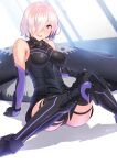  1girl armor armored_boots armored_dress bangs bare_shoulders black_leotard black_thighhighs boots breasts elbow_gloves fate/grand_order fate_(series) gloves hair_over_one_eye highleg highleg_leotard highres knees_together_feet_apart large_breasts leotard light_purple_hair looking_at_viewer mash_kyrielight nanahime open_mouth purple_eyes purple_gloves revision shield short_hair sitting smile solo thigh_strap thighhighs thighs 