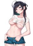  1girl absurdres areola_slip bangs black_hair blue_eyes blush breasts commentary_request covered_nipples crop_top highres kinugasa_yuuichi long_hair looking_at_viewer navel open_mouth original parted_lips see-through short_shorts short_sleeves shorts simple_background solo tank_top underboob white_background white_sleeves white_tank_top 