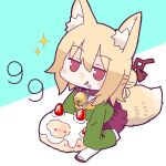  1girl animal_ears bangs bell blonde_hair blue_background borrowed_character brown_collar cake chibi collar commentary_request food food_on_face fox_ears fox_girl fox_tail fruit full_body green_shirt hair_between_eyes hair_bun hair_ornament holding holding_food hyon_(hyon_noyh) jingle_bell kemomimi-chan_(naga_u) licking_lips long_sleeves neck_bell necktie orange_necktie original pleated_skirt purple_eyes purple_footwear purple_skirt sailor_collar shirt sitting skirt sleeves_past_fingers sleeves_past_wrists solo sparkle strawberry tail thighhighs tongue tongue_out two-tone_background white_background white_sailor_collar white_thighhighs zouri 