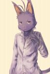  2022 clothing colored domestic_cat felid feline felis fur half-length_portrait looking_at_viewer male mammal monotone_body monotone_fur morenatsu pink_nose portrait purple_body purple_fur shin_(morenatsu) shirt simple_background solo topwear unknown_artist video_games visual_novel white_background white_clothing white_shirt white_topwear 