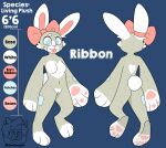  2021 absurd_res animate_inanimate anthro blue_eyes bow_accessory bow_ribbon breasts character_name color_swatch digital_drawing_(artwork) digital_media_(artwork) ear_accessory ear_bow english_text female genitals heart_(marking) hi_res lagomorph leporid living_plushie mammal model_sheet nipples nude patch_(fabric) pink_bow pink_inner_ear pink_tongue plushie pussy rabbit ribbon_(sleepysheepy17) sleepysheepy17 solo tan_body text tongue tongue_out white_body 