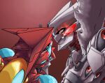 appmon appmon_(species) armor bandai_namco cape charismon clothing d-art-s digimon digimon_(species) eyes_closed globemon hand_on_cheek looking_at_another machine male monster red_eyes romantic 