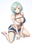  &gt;:) 1girl absurdres aqua_hair bang_dream! bangs bare_arms bare_legs bare_shoulders barefoot belt belt_buckle bikini bikini_skirt black_bikini blue_bikini blush bow braid breasts brown_belt buckle cleavage closed_mouth collarbone commentary commission cosplay front-tie_bikini_top front-tie_top full_body green_eyes hair_bow halftone halftone_background halterneck highleg highleg_bikini highres hikawa_hina hololive kneeling large_breasts looking_at_viewer medium_hair navel shadow shirogane_noel shirogane_noel_(cosplay) side_braids smile solo stomach swept_bangs swimsuit thigh_belt thigh_strap twin_braids two-tone_bikini v-shaped_eyebrows v_arms white_background white_bikini yellow_bow yuzabeecha 