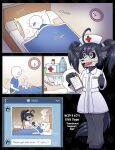  &lt;3 anthro bed bedroom black_body black_fur black_hair bone canid cellphone cheerleader clothing comic english_text female fur furniture hair hat headgear headwear hi_res human ill key male male/female malo mammal nurse_clothing nurse_hat nurse_headwear nurse_uniform phone scp-1471 scp-1471-a scp_foundation shirt skull skull_head smartphone text topwear uniform vavacung white_eyes 