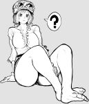  1girl ? bare_legs barefoot blush breasts cleavage closed_mouth commentary feet foot_focus frilled_shirt frills full_body gloves goggles goggles_on_headwear grey_background greyscale hat highres koala_(one_piece) large_breasts miniskirt monochrome one_piece shirt short_hair simple_background sitting skirt soles solo spoken_question_mark thick_thighs thighs yotsumi_shiro 