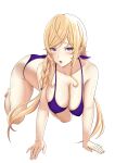  1girl absurdres all_fours bajitohfu bangs bikini blonde_hair blush braid breasts cleavage collarbone hanging_breasts highres large_breasts long_hair looking_at_viewer low_twintails nakiri_erina open_mouth purple_bikini purple_eyes shadow shokugeki_no_souma simple_background solo sweat swept_bangs swimsuit twin_braids twintails v-shaped_eyebrows wet white_background 