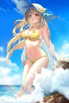  1girl :o absurdres bikini blonde_hair blue_archive blue_sky blush breasts cloud day floating_hair flower green_eyes hallo_(rltkdydrltk) hat hat_flower hat_ribbon highres large_breasts long_hair navel nonomi_(blue_archive) nonomi_(swimsuit)_(blue_archive) ocean open_mouth outdoors ribbon rock rose shirt sky solo stomach sun_hat swimsuit thighs waves wet wet_clothes wet_shirt white_shirt yellow_bikini yellow_flower yellow_rose 