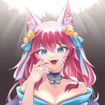 1girl :d absurdres ahri_(league_of_legends) animal_ear_fluff animal_ears bangs bare_shoulders bell blue_eyes bow breasts cleavage collarbone facial_mark fangs fingernails fox_ears green_bow hair_bell hair_ornament highres japanese_clothes kimono league_of_legends long_hair nail_polish off_shoulder open_mouth portrait red_hair red_nails sharp_fingernails shiny shiny_hair smile solo spirit_blossom_ahri whisker_markings yuki_(nina901216) 