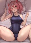  1girl absurdres bare_arms bare_legs bare_shoulders black_one-piece_swimsuit blush breasts collarbone hair_between_eyes hair_bobbles hair_ornament highres kantai_collection kihou_no_gotoku_dmc medium_breasts one-piece_swimsuit open_mouth pillow pink_eyes pink_hair sazanami_(kancolle) short_hair smile solo swimsuit twintails 