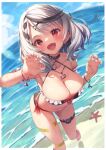  1girl :d bare_shoulders beach bikini black_collar blue_sky blush border bracelet breasts caution_tape claw_pose cleavage cloud collar collarbone commentary_request dot_nose ear_piercing earrings fang grey_hair gyuunyuu_bin heart hololive jewelry large_breasts looking_at_viewer medium_hair open_mouth piercing red_eyes red_nails sakamata_chloe sky smile solo starfish swimsuit thigh_strap thighs virtual_youtuber water wet white_border 