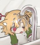  1girl animal_ear_fluff animal_ears bangs blonde_hair borrowed_character closed_mouth commentary_request faucet fox_ears green_shirt hair_between_eyes hair_bun hair_ornament highres kemomimi-chan_(naga_u) long_sleeves one_eye_closed original red_eyes sanzui shirt sink sleeves_past_fingers sleeves_past_wrists solo tongue tongue_out water 