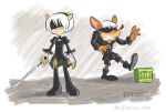  absurd_res activision anthro bandicoot black_boots black_clothing black_dress black_footwear black_jacket black_topwear blindfold boots clothing coco_bandicoot crash_bandicoot crash_bandicoot_(series) crossover dress duo female footwear hair hi_res jacket male mammal marsupial melee_weapon nier_automata nitro_box rriesgo sword topwear video_games weapon white_hair yorha_2b yorha_9s 