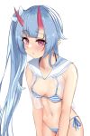  1girl absurdres akamashi areola_slip bangs bikini blue_archive blue_hair blush breasts chise_(blue_archive) chise_(swimsuit)_(blue_archive) flower hair_flower hair_ornament highres horns long_hair looking_at_viewer navel oni_horns parted_lips pointy_ears red_eyes sailor_collar side-tie_bikini_bottom side_ponytail small_breasts solo striped striped_bikini swimsuit very_long_hair white_background 