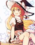  1girl :d bangs black_bow black_dress blonde_hair bow broom broom_riding dress hair_bow hat highres kirisame_marisa long_hair open_mouth pinafore_dress shirt short_sleeves smile solo star_(symbol) sweetpotatojelly touhou white_background white_shirt witch witch_hat yellow_eyes 