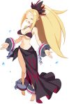  1girl ankle_cuffs bangs barefoot bikini blonde_hair breasts closed_eyes cuffs disgaea disgaea_rpg full_body halterneck healer_(disgaea) high_ponytail large_breasts long_hair navel official_art open_mouth parted_bangs photoshop_(medium) pointy_ears sarong shackles simple_background solo swimsuit very_long_hair water_drop white_background 