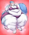  anthro belly big_belly big_breasts big_butt blue_body blue_fur blue_hair blush bodily_fluids bottomwear bra breasts breath butt cellulite chubby_cheeks claws clothing drooling fanning fanning_self fat_rolls felid female fluffy fluffy_tail fur grey_body grey_fur hair hi_res huge_butt huge_thighs hyper hyper_thighs love_handles mammal narrowed_eyes navel neck_tuft nipple_outline obese overweight panting red_eyes saliva shorts simple_background solo sports_bra sweat thick_thighs tight_clothing tuft underwear vishykin white_body white_fur wide_hips 