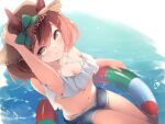  1girl absurdres animal_ears bikini breasts brown_eyes brown_hair cleavage commentary denim denim_shorts ear_bow from_above hat highres horse_ears horse_girl looking_at_viewer medium_breasts medium_hair multicolored_hair nice_nature_(umamusume) noa0319 short_shorts shorts smile solo straw_hat streaked_hair swimsuit twintails umamusume white_bikini 
