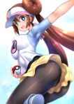  1girl black_pantyhose blue_eyes bow brown_hair commentary dated double_bun doughnut_hair_bun hair_bun highres impossible_clothes kamogawa_tanuki legwear_under_shorts long_hair pantyhose pink_bow poke_ball pokemon pokemon_(game) pokemon_bw2 raglan_sleeves rosa_(pokemon) short_shorts shorts solo twintails very_long_hair visor_cap yellow_shorts 