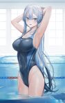  1girl :d armpits arms_behind_head arms_up bangs bare_arms bare_shoulders black_one-piece_swimsuit blue_eyes blue_hair blush breasts cleavage competition_swimsuit covered_navel cowboy_shot gradient_hair groin hair_between_eyes hair_ornament hairclip highleg highleg_leotard highres indoors large_breasts legs_together leotard long_hair looking_at_viewer multicolored_hair one-piece_swimsuit original pool quarter_1404 sidelocks smile solo standing streaked_hair swimsuit thighs tsurime two-tone_swimsuit very_long_hair wading water wet wet_clothes wet_swimsuit white_hair window 