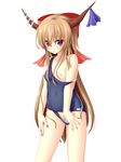  blonde_hair bow breasts hair_bow highres horns ibuki_suika long_hair nail_polish nipples one-piece_swimsuit pulled_by_self purple_eyes purple_nails pussy school_swimsuit small_breasts solo swimsuit swimsuit_pull touhou yoye_(pastel_white) 