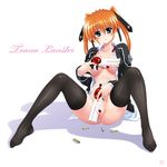  black_legwear blue_eyes brown_hair censored cross_mirage gun highres kamogawa_tanuki lyrical_nanoha mahou_shoujo_lyrical_nanoha_strikers open_clothes open_shirt pussy shirt sitting solo teana_lanster thighhighs twintails uniform weapon 