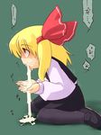  ahegao bad_id bad_pixiv_id blonde_hair cum cum_in_hands cum_in_mouth cum_on_tongue cumdrip cupping_hands excessive_cum fucked_silly green_background hamahara_yoshio highres kneeling pantyhose red_eyes rumia simple_background touhou trembling 