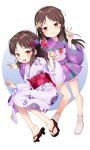  2girls arm_up brown_eyes brown_hair candy_apple dakimakura_(ofin) floral_print flower food hair_bun hair_flower hair_ornament highres idolmaster idolmaster_cinderella_girls japanese_clothes kimono long_hair multiple_girls obi open_mouth outstretched_arm purple_kimono sandals sash short_kimono short_yukata smile socks tachibana_arisu toes v white_kimono yukata 