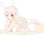  1girl animal_ears bunny_ears bunny_tail closed_mouth fake_animal_ears fake_tail female_my_unit_(fire_emblem_if) fire_emblem fire_emblem_heroes fire_emblem_if from_side gloves heart long_hair looking_to_the_side lying my_unit_(fire_emblem_if) nintendo on_stomach one_eye_closed plushcharm pointy_ears red_eyes simple_background smile solo tail twitter_username white_background white_gloves white_hair 