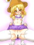  blonde_hair blush breasts censored eyes hat moriya_suwako naughty_face nipples pussy pussy_juice shirt_lift short_hair small_breasts solo spread_legs squatting tanaka_ginji thighhighs tongue touhou 