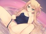  arima_senka blonde_hair blush breasts censored dutch_angle embarrassed glasses green_eyes highres kashiwamochi_yomogi long_hair lying on_back one-piece_swimsuit original pussy small_breasts solo spread_legs submerged swimsuit swimsuit_aside very_long_hair wading_pool water wet 