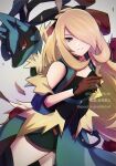  0roshioji3ran 1girl bare_shoulders black_ribbon blonde_hair brown_gloves closed_mouth commentary_request cynthia_(pokemon) gloves grey_background grey_eyes hair_over_one_eye hair_ribbon hand_up highres holding holding_poke_ball long_hair lucario mega_lucario mega_pokemon official_alternate_costume poke_ball poke_ball_(basic) pokemon pokemon_(creature) pokemon_(game) pokemon_masters_ex ribbon smile twitter_username very_long_hair watermark 