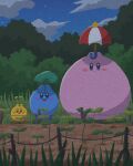  blue_skin blush_stickers cloud colored_skin copy_ability grass highres holding holding_leaf kirby kirby_(series) leaf looking_at_viewer miclot night night_sky no_humans open_mouth orb parasol parody pink_skin side-by-side sky smile soil sprout standing star_(sky) star_(symbol) tonari_no_totoro tree umbrella yellow_skin 