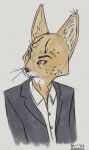  anthro boloid digital_media_(artwork) felid feline grainy_background male mammal serval simple_background solo suit_jacket unbuttoned_shirt yellow_eyes 